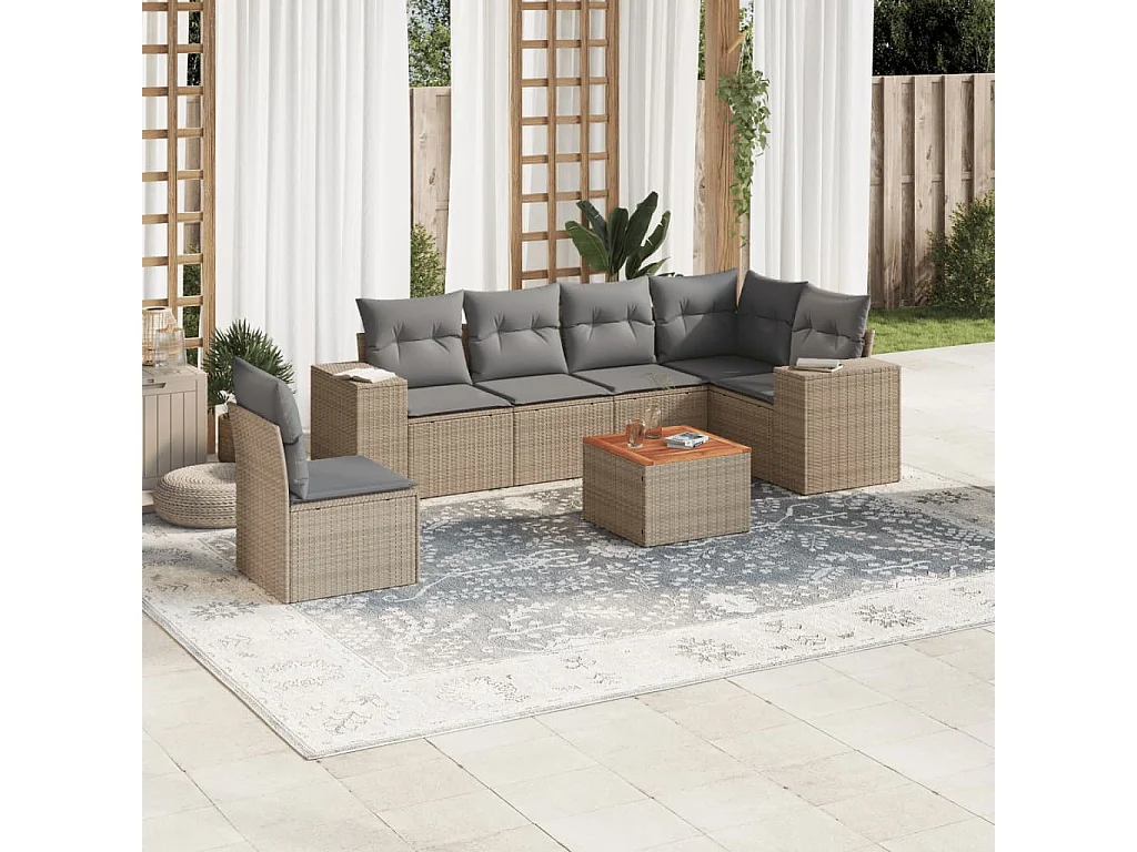 Set Divani da Giardino 7 pz con Cuscini Beige in Polyrattan