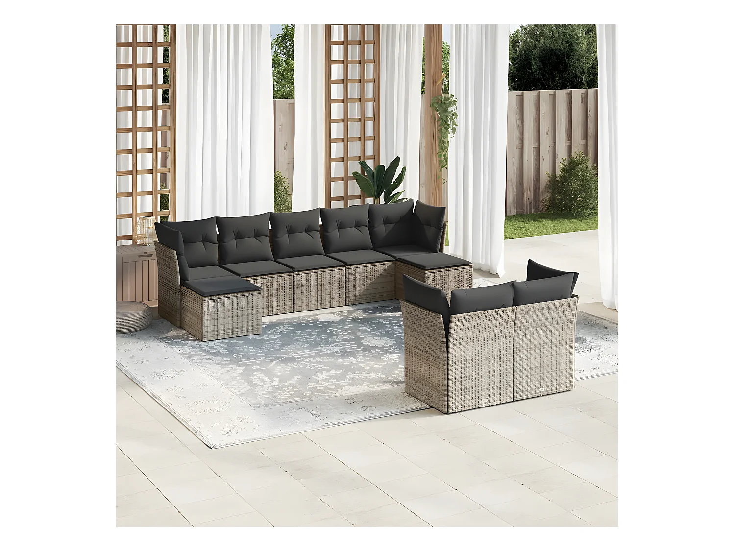 Salon de jardin 9 pcs avec coussins gris résine tressée