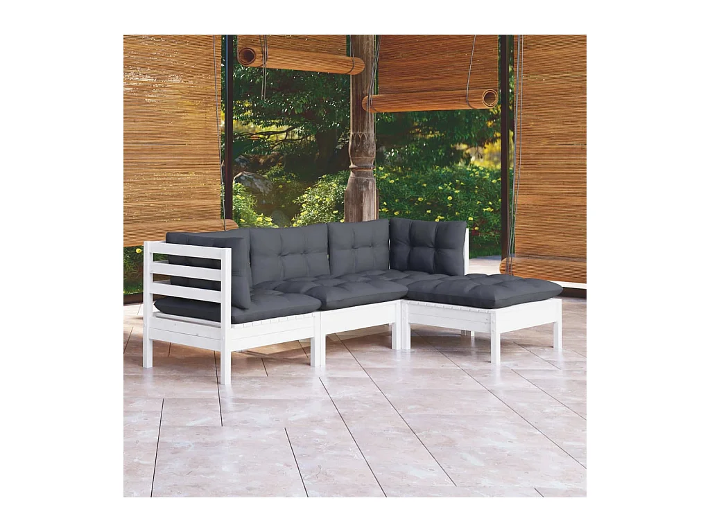 Salon de jardin 4 pcs avec coussins blanc bois de pin