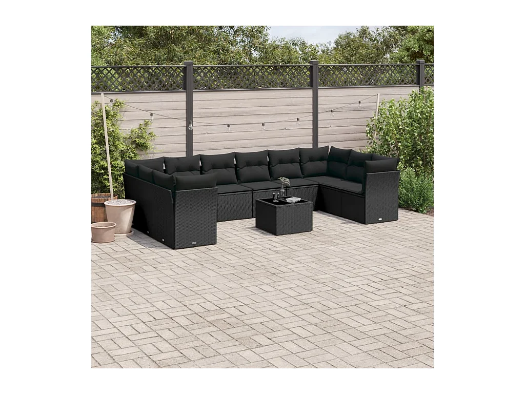 Salon de jardin 11 pcs avec coussins noir résine tressée