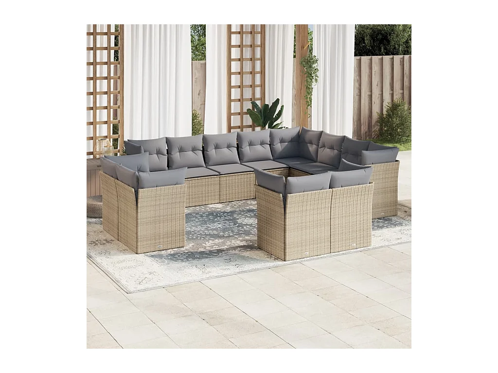 Salon de jardin avec coussins 12 pcs beige résine tressée