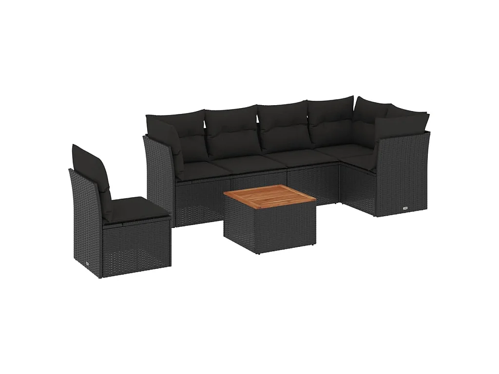 Salon de jardin 7 pcs avec coussins noir résine tressée