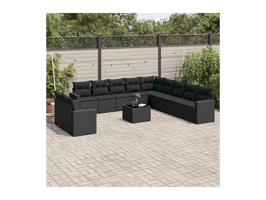 Salon de jardin 12 pcs avec coussins noir résine tressée