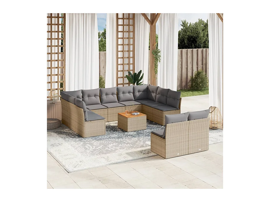 Salon de jardin avec coussins 12 pcs beige résine tressée
