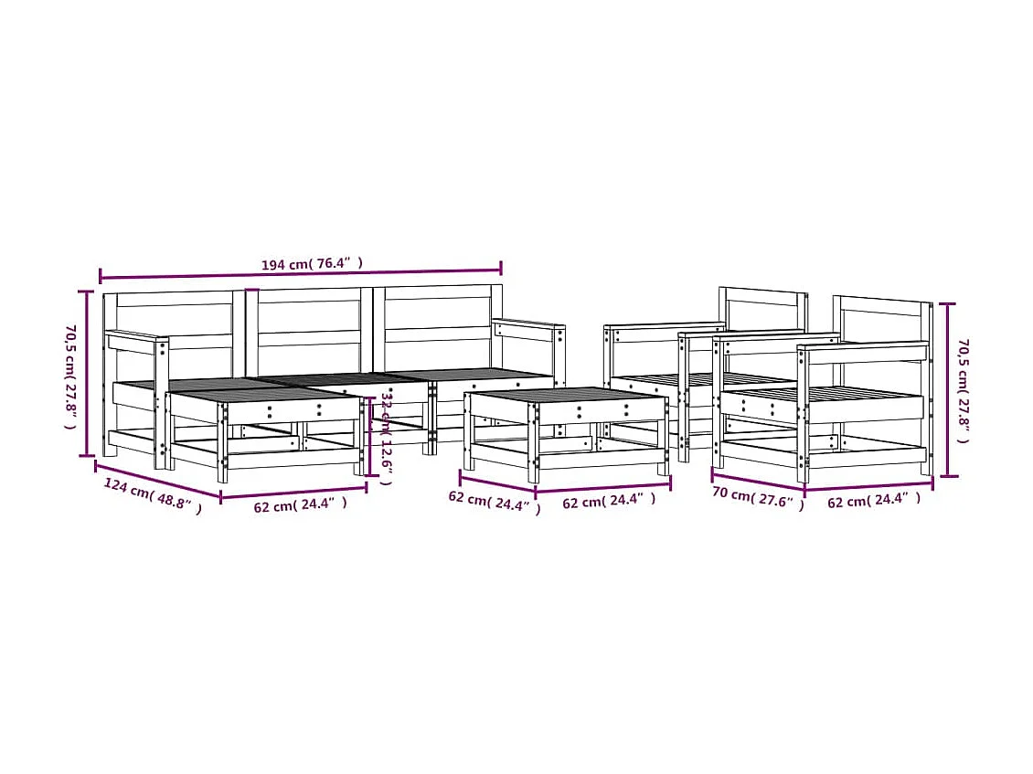 7-delige Loungeset massief grenenhout grijs