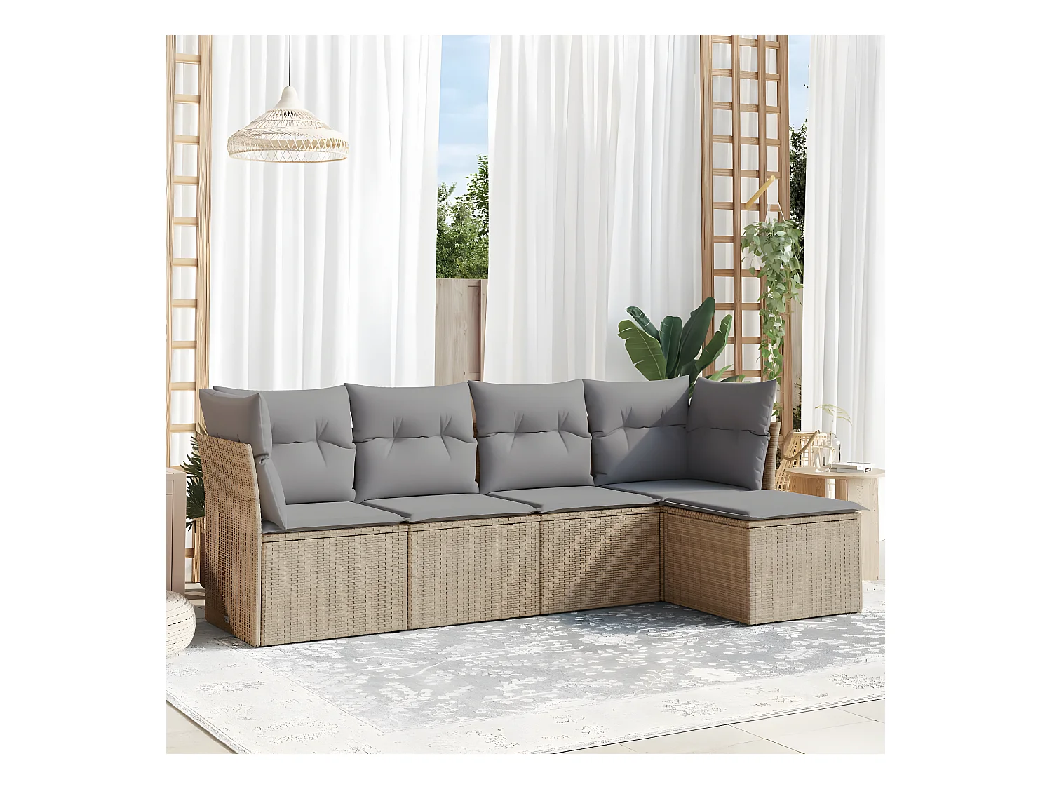 Salon de jardin avec coussins 5 pcs beige résine tressée