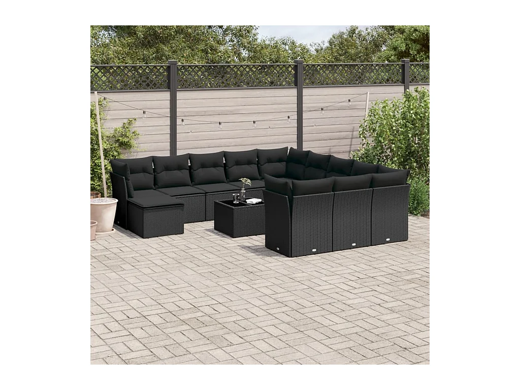 13-delige Loungeset met kussens poly rattan zwart