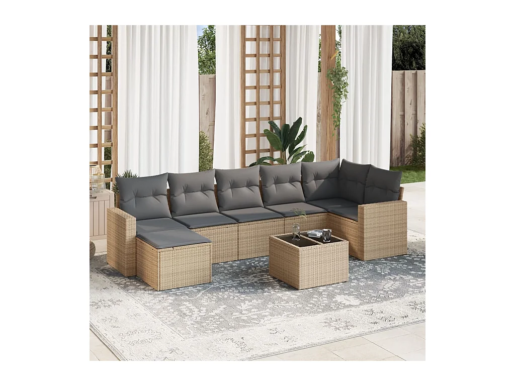 Set Divano da Giardino 8 pz con Cuscini Beige in Polyrattan