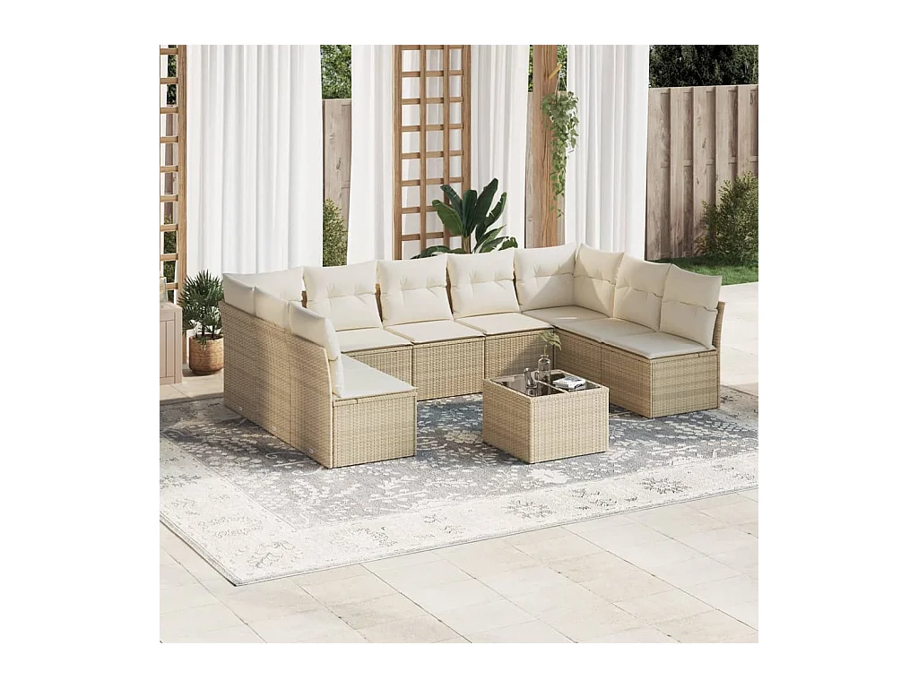 Salon de jardin avec coussins 10 pcs beige résine tressée