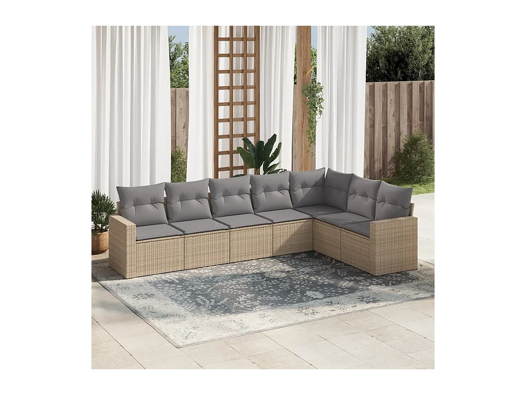 7-tlg. Garten-Sofagarnitur mit Kissen Beige Poly Rattan