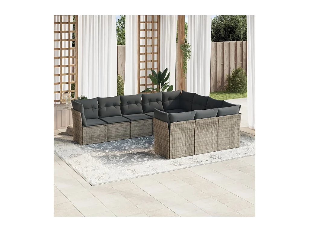 Salon de jardin avec coussins 10 pcs gris résine tressée