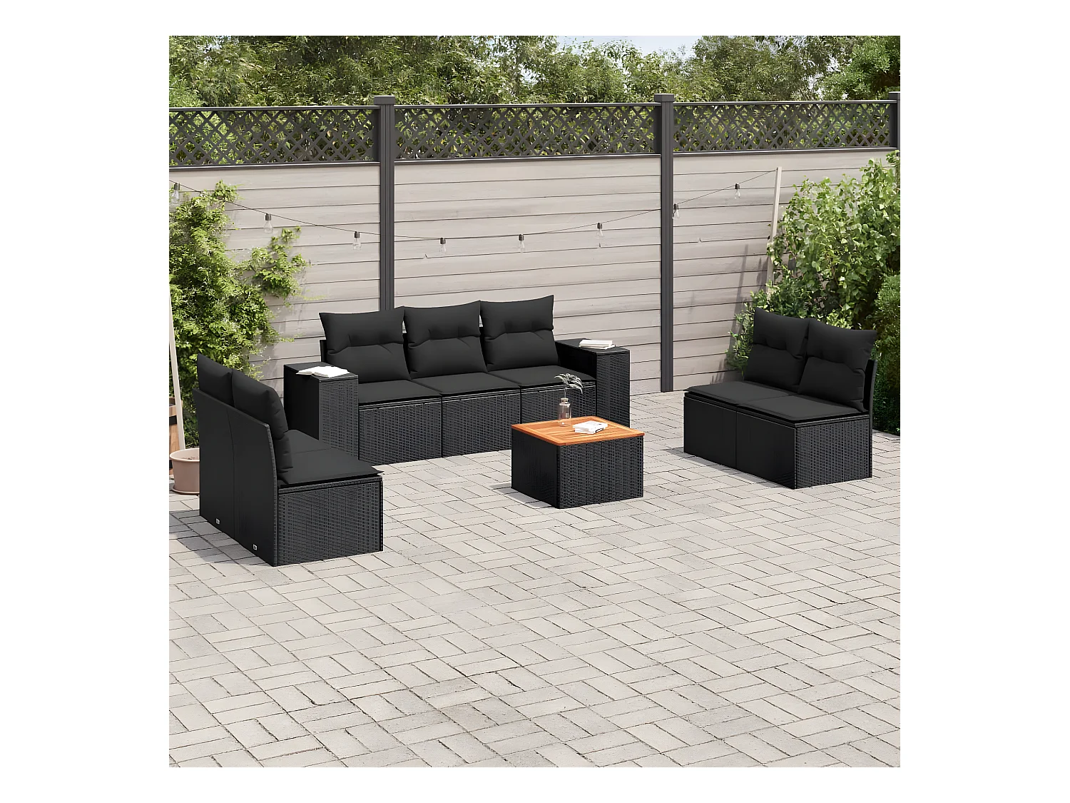 Salon de jardin 8 pcs avec coussins noir résine tressée