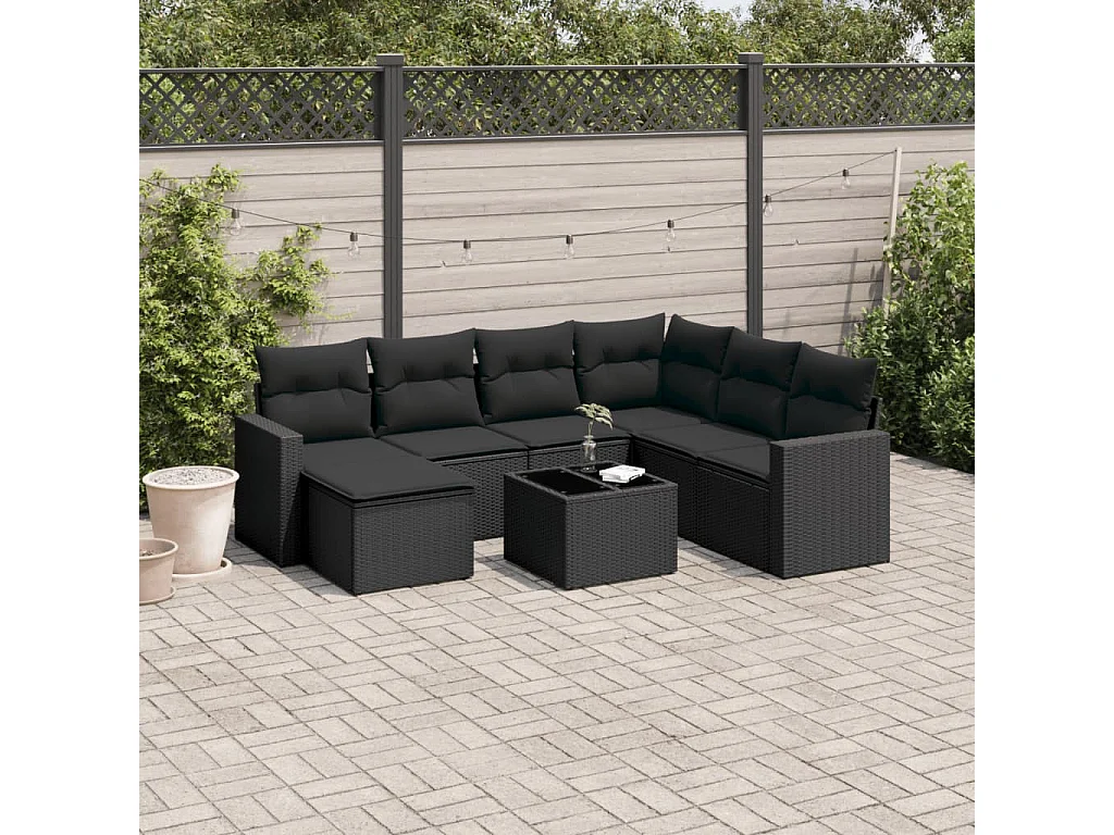 8-delige Loungeset met kussens poly rattan zwart