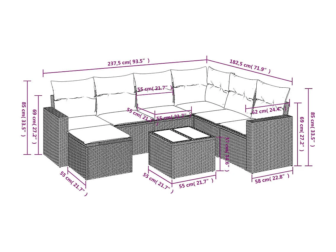 8-delige Loungeset met kussens poly rattan zwart