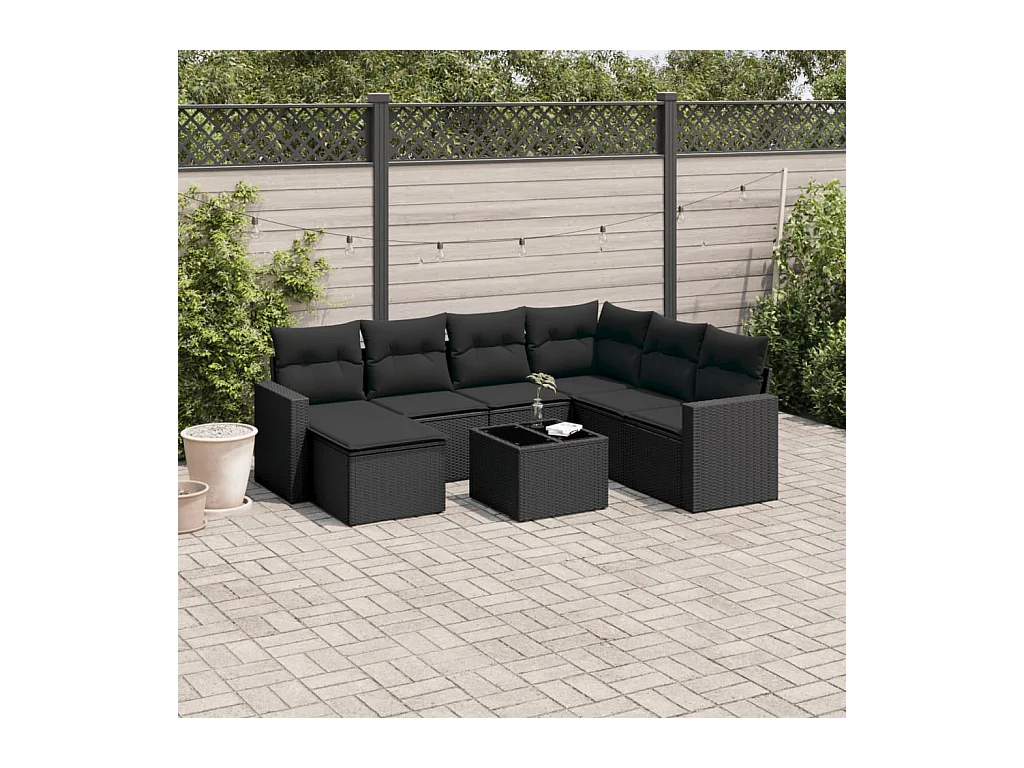 8-tlg. Garten-Sofagarnitur mit Kissen Schwarz Poly Rattan