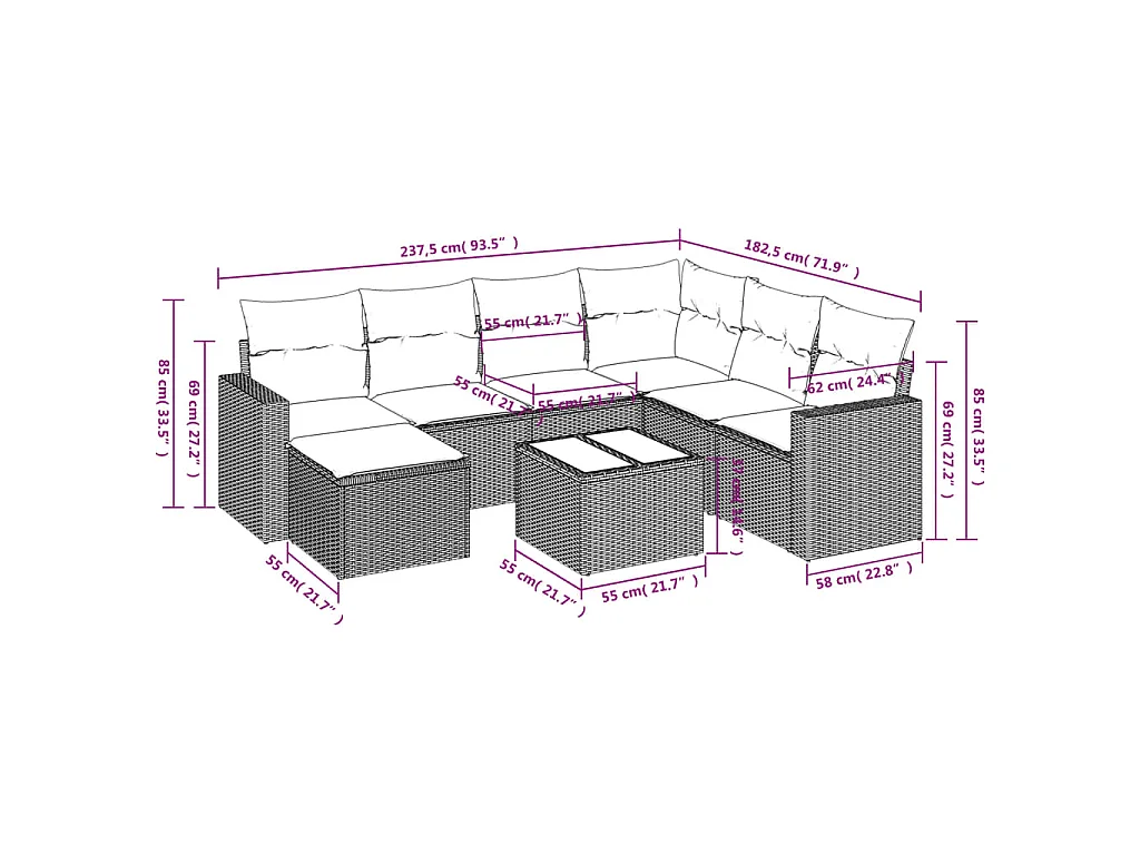 Set Divani da Giardino con Cuscini 8 pz Nero in Polyrattan