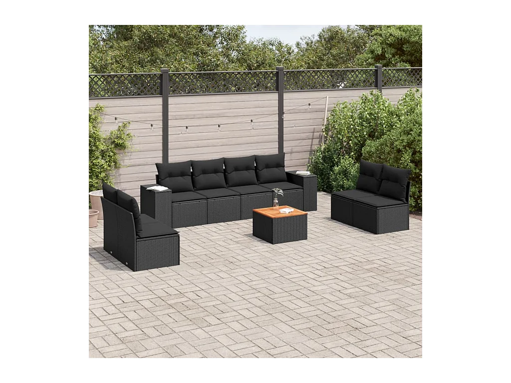 9-delige Loungeset met kussens poly rattan zwart