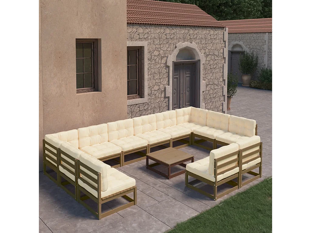 Salon de jardin 13 pcs avec coussins Marron miel Bois de pin