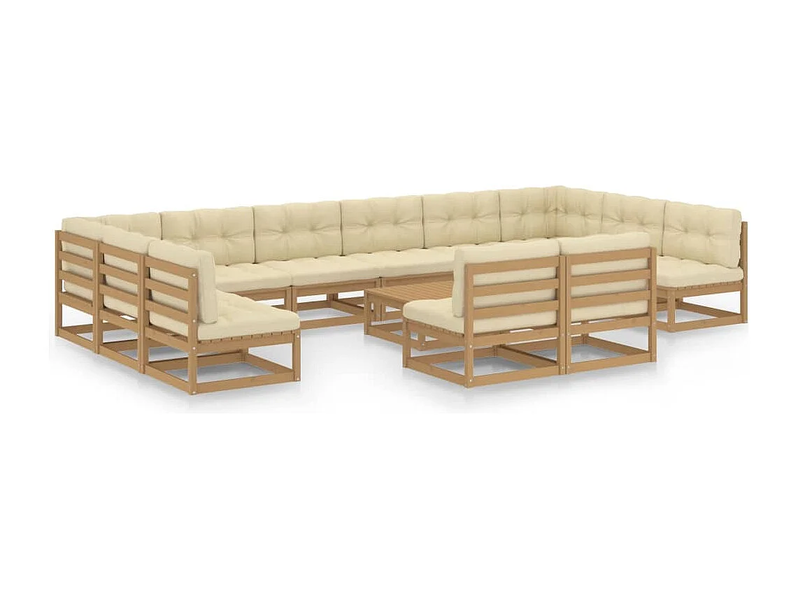 Salon de jardin 13 pcs avec coussins Marron miel Bois de pin