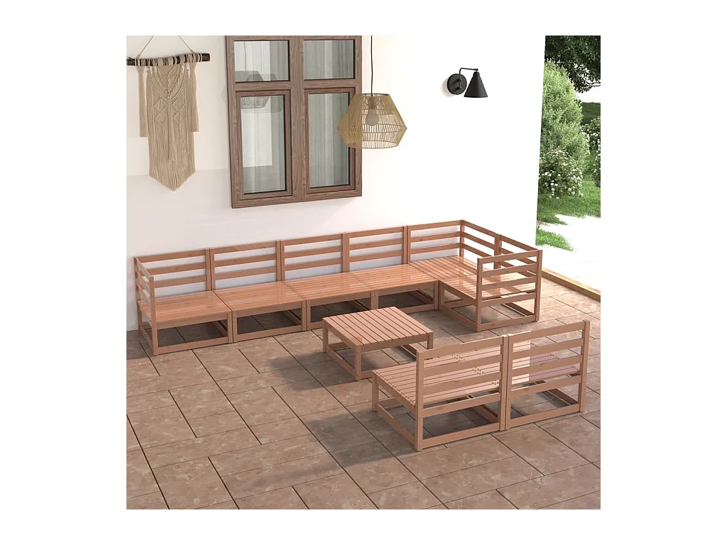 Set Divani da Giardino 9 pz Marrone Ambra Legno Massello Pino