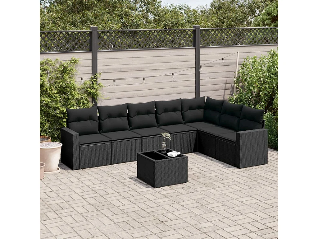 Salon de jardin 8 pcs avec coussins noir résine tressée