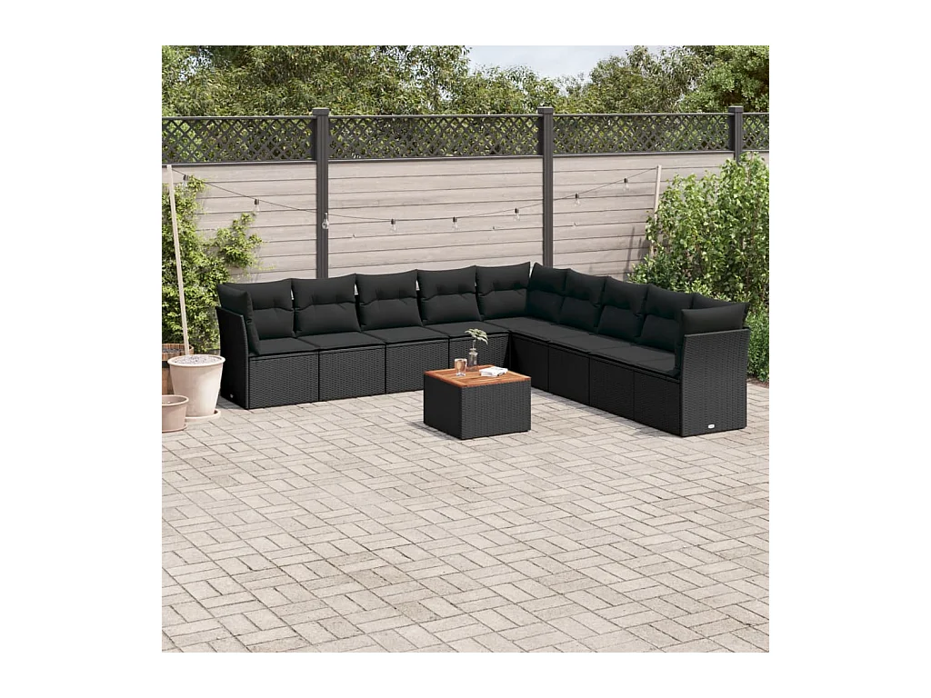 10-delige Loungeset met kussens poly rattan zwart