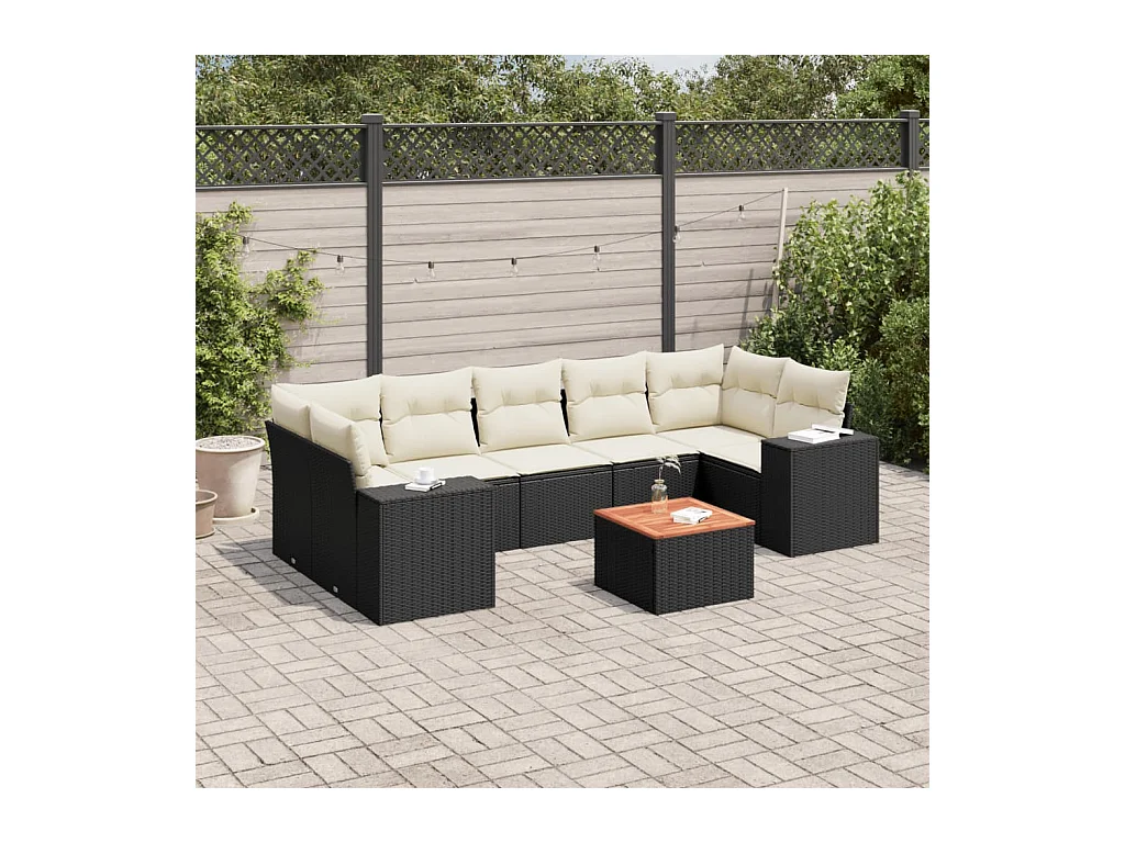 Salon de jardin 8 pcs avec coussins noir résine tressée