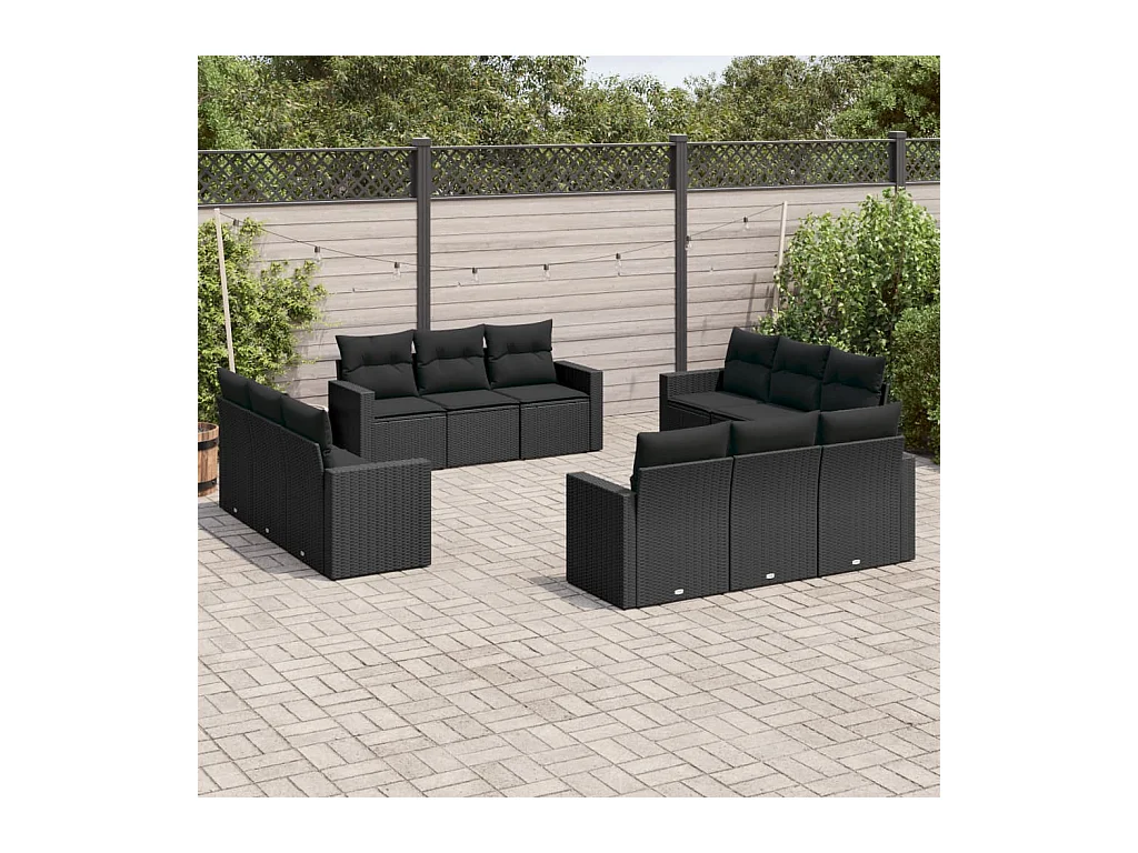 Salon de jardin 12 pcs avec coussins noir résine tressée