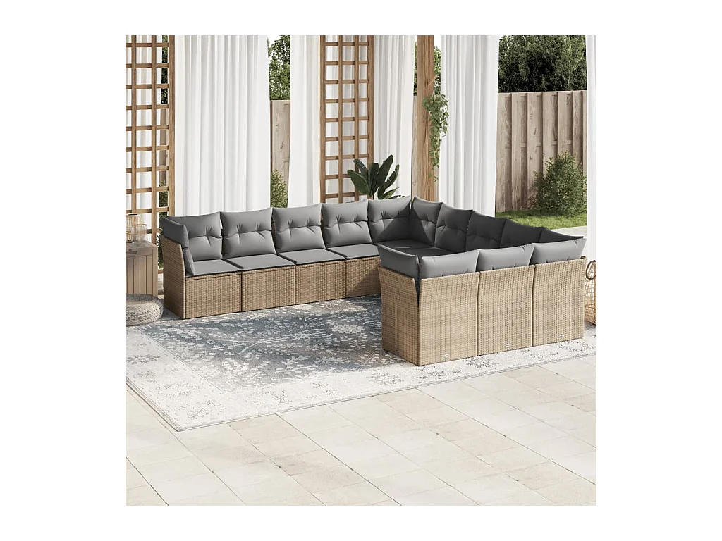 11-tlg. Garten-Sofagarnitur mit Kissen Beige Poly Rattan