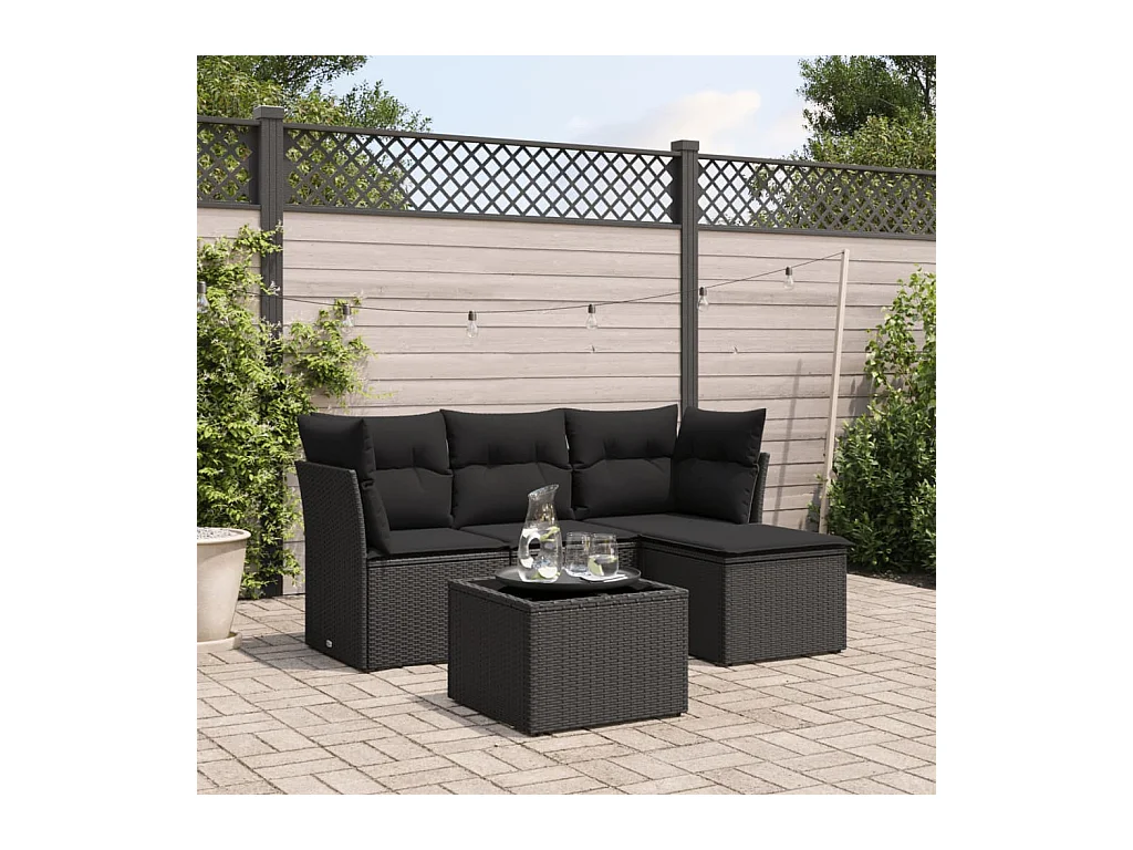 Salon de jardin 5 pcs avec coussins noir résine tressée