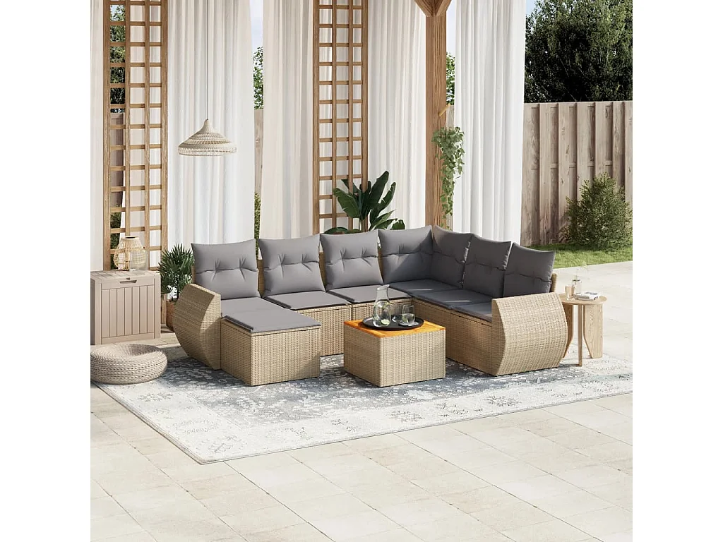 Set Divano da Giardino 8 pz con Cuscini Beige in Polyrattan