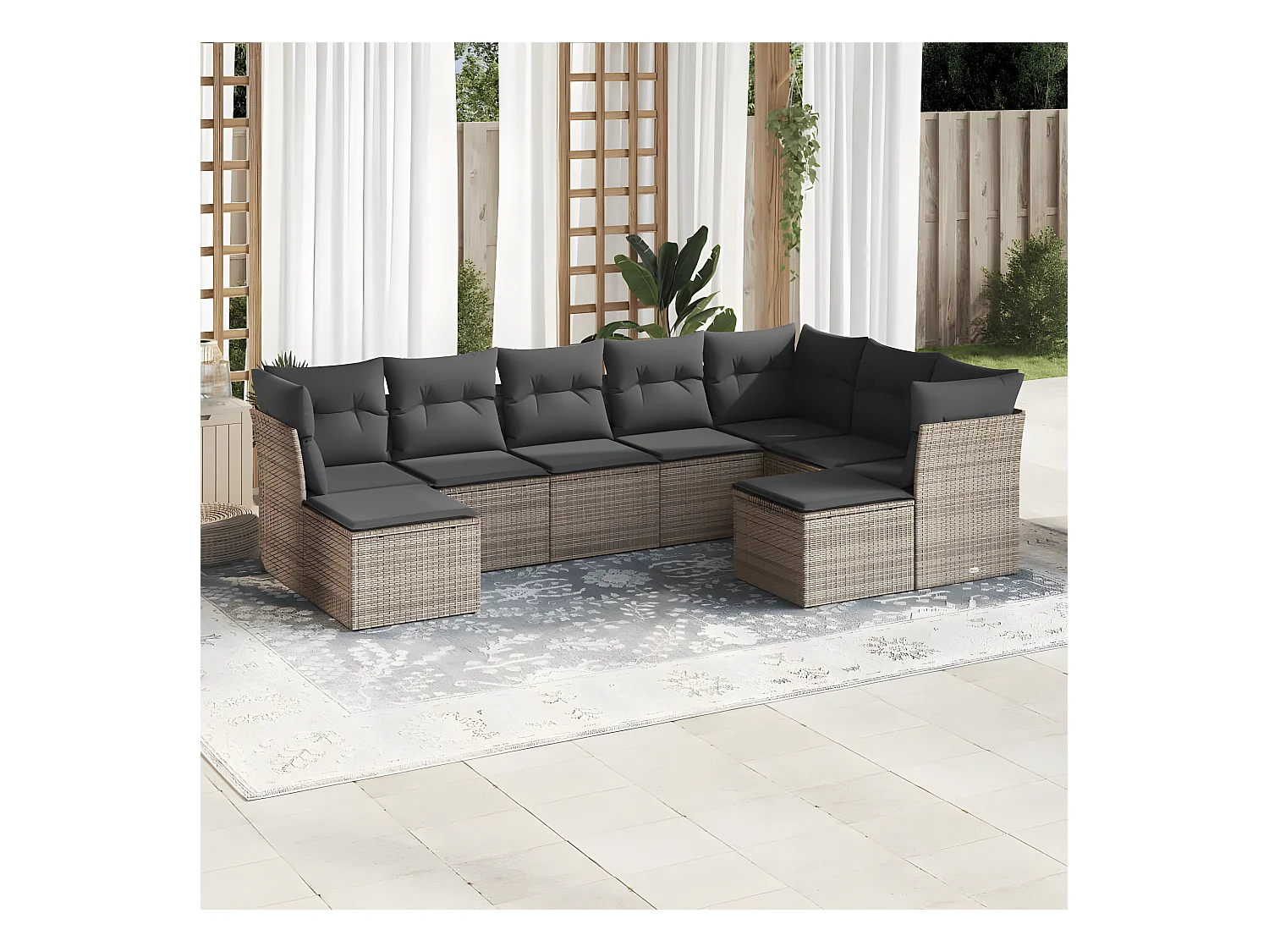 9-delige Loungeset met kussens poly rattan grijs