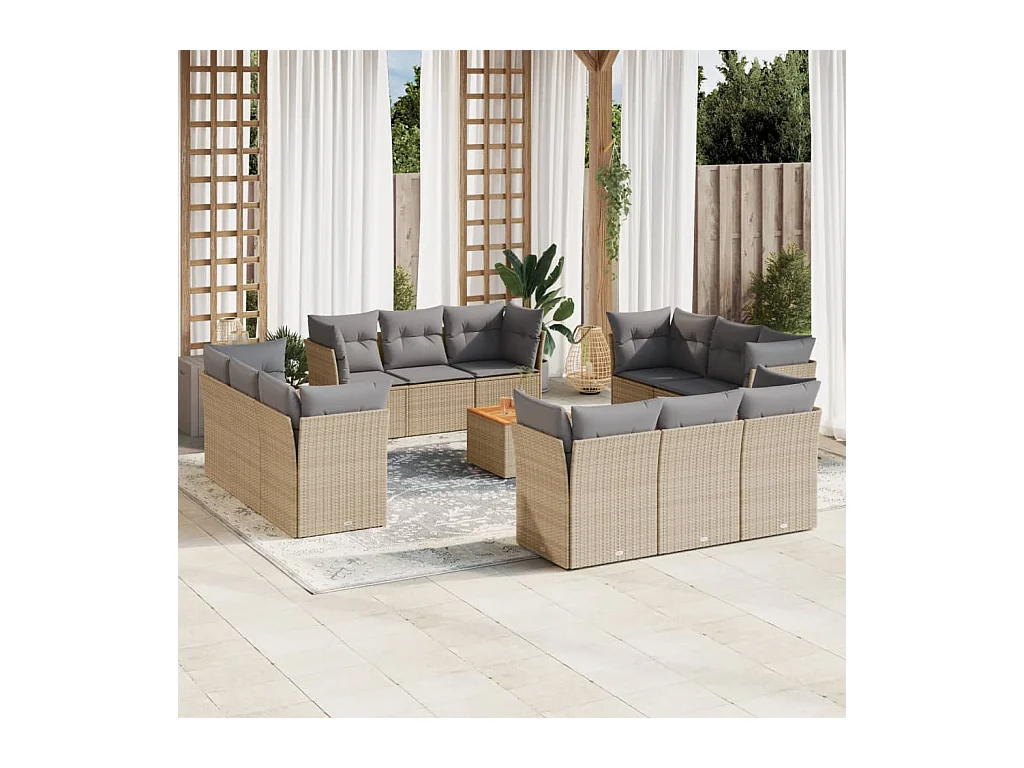 Salon de jardin avec coussins 13 pcs beige résine tressée