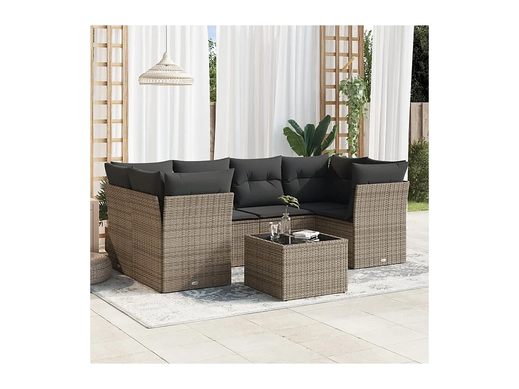 Salon de jardin avec coussins 7 pcs gris résine tressée