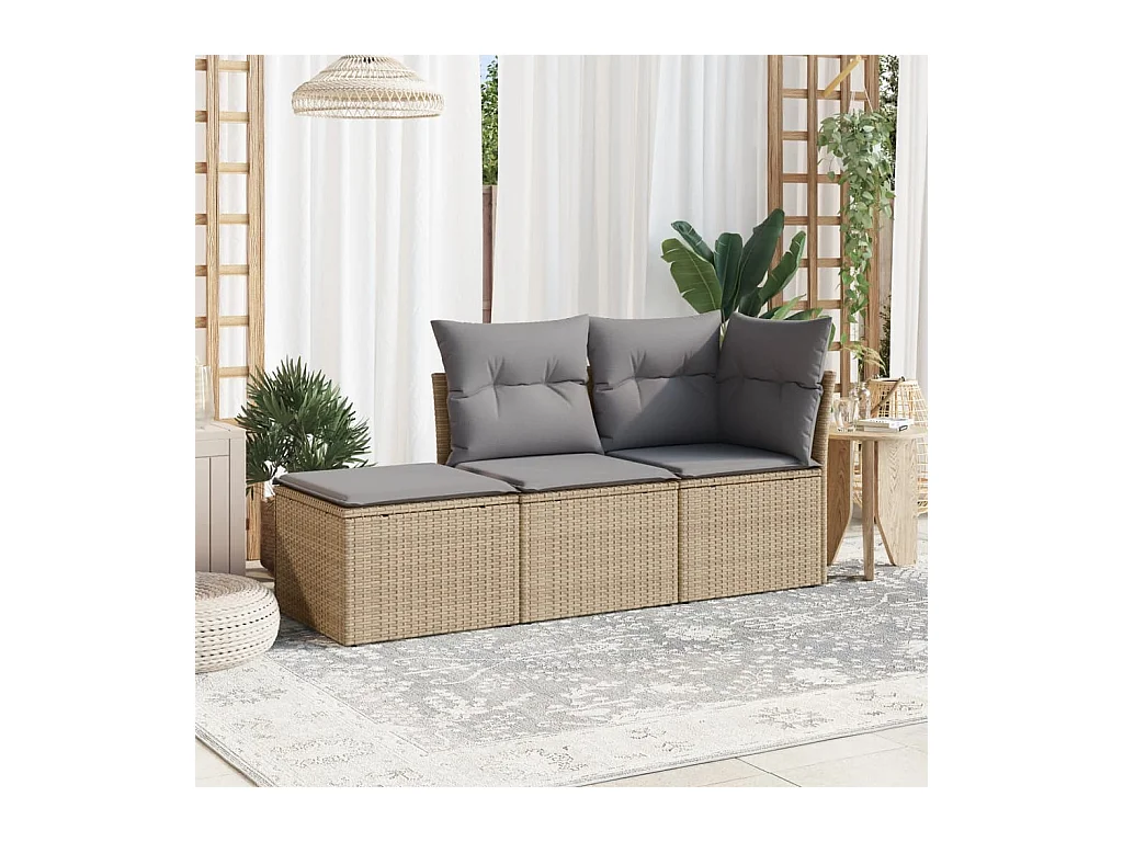 Set Divano da Giardino 3 pz con Cuscini Beige in Polyrattan