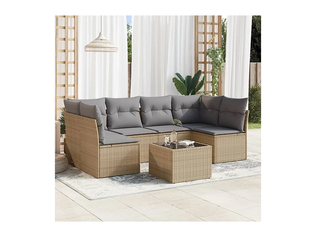 7-delige Loungeset met kussens poly rattan beige