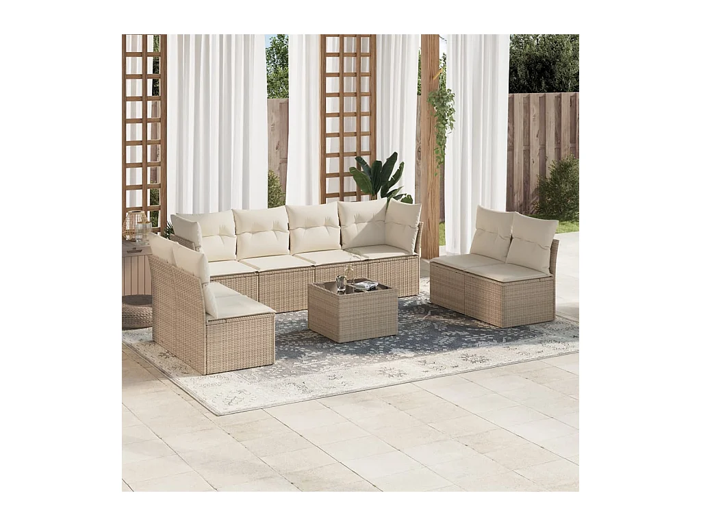 Set Divano da Giardino 9 pz con Cuscini Beige in Polyrattan