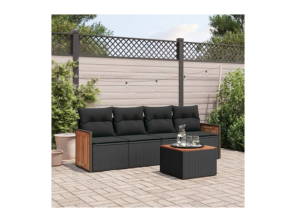 Salon de jardin 5 pcs avec coussins noir résine tressée