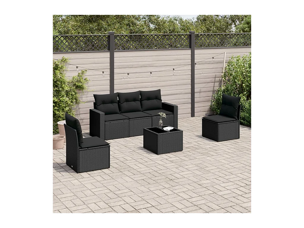 Salon de jardin 6 pcs avec coussins noir résine tressée