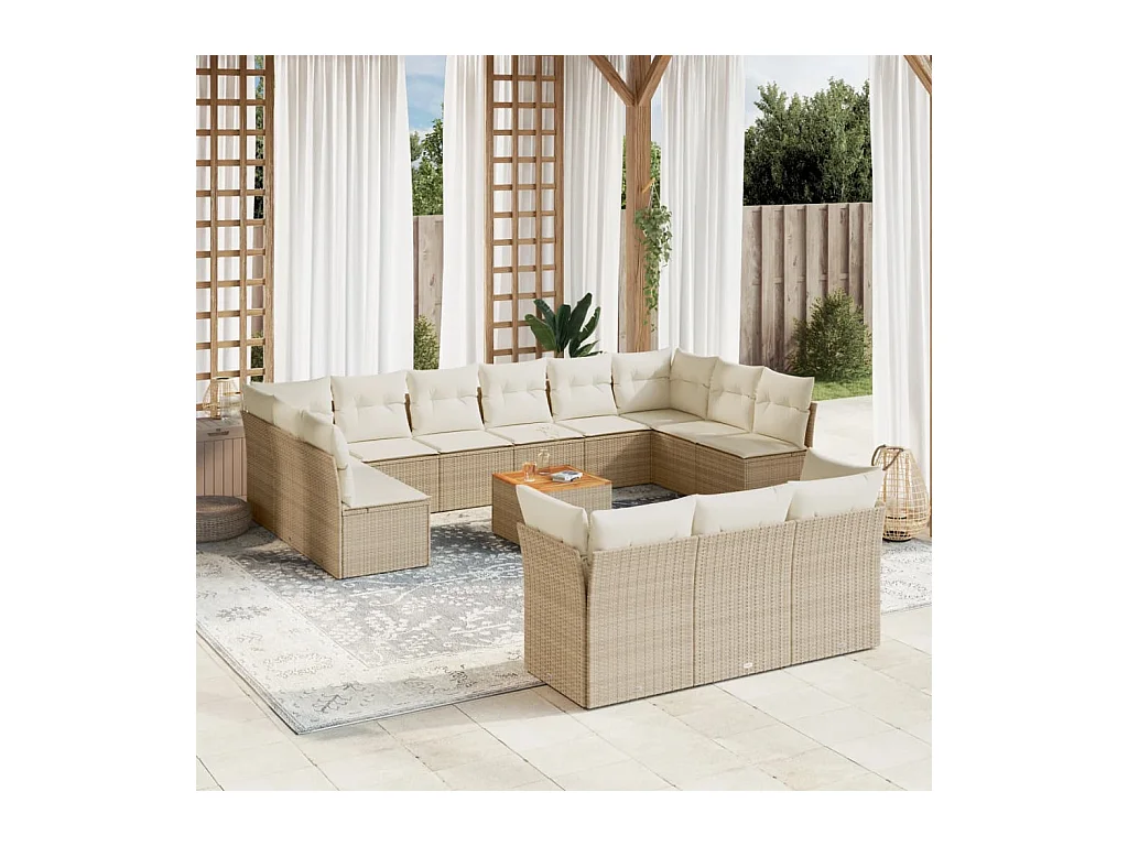 14-tlg. Garten-Sofagarnitur mit Kissen Beige Poly Rattan