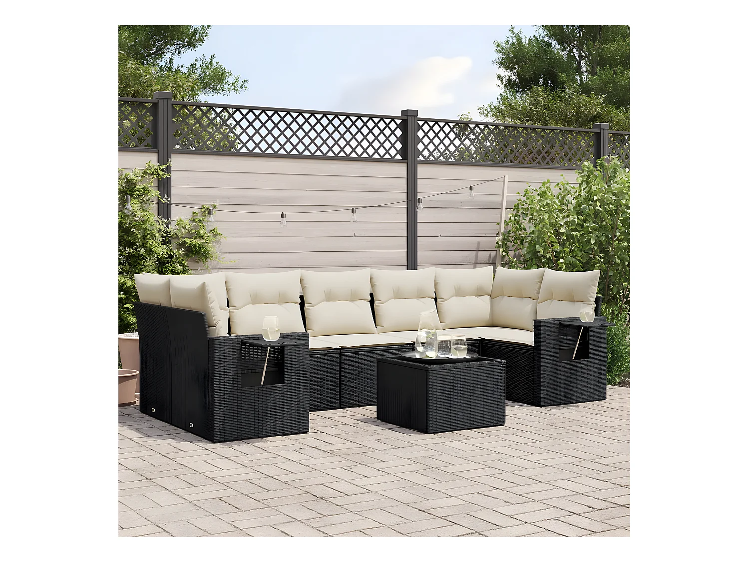 Set de sofás de jardín 8 piezas y cojines ratán sintético negro