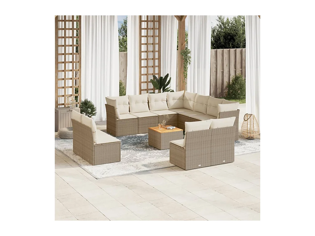 Salon de jardin avec coussins 12 pcs beige résine tressée