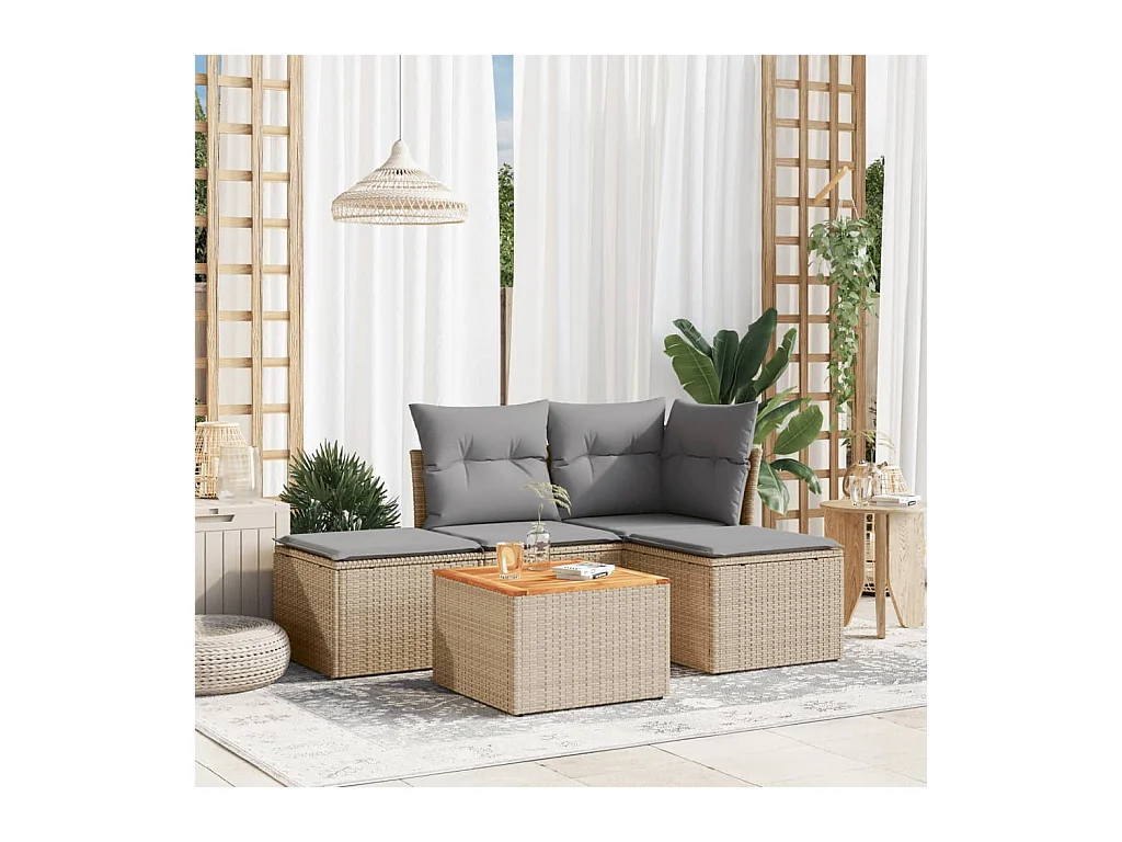 Salon de jardin avec coussins 5 pcs beige résine tressée