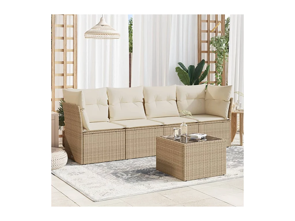 5-delige Loungeset met kussens poly rattan beige