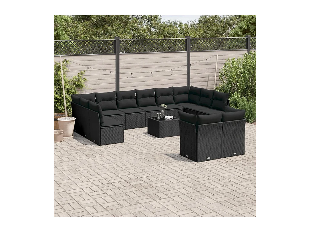 Salon de jardin avec coussins 13 pcs noir résine tressée