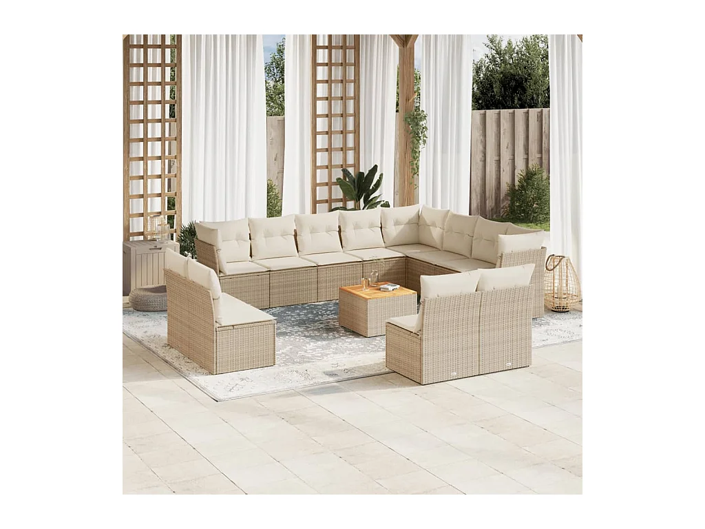 Set Divano da Giardino 13 pz con Cuscini Beige in Polyrattan
