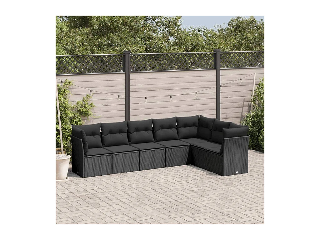 Salon de jardin 7 pcs avec coussins noir résine tressée