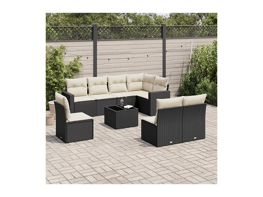 Set Divani da Giardino 9 pz con Cuscini Nero in Polyrattan