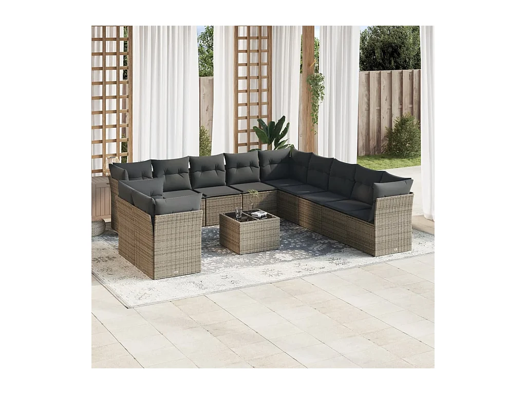 Salon de jardin avec coussins 12 pcs gris résine tressée