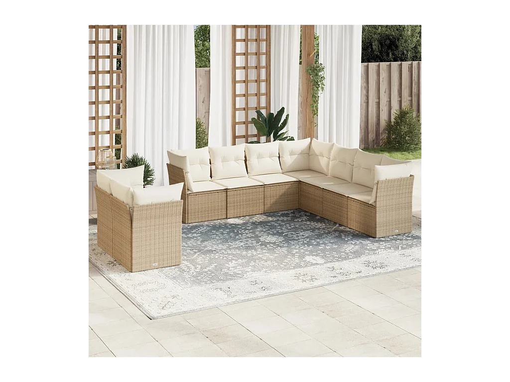Salon de jardin avec coussins 9 pcs beige résine tressée